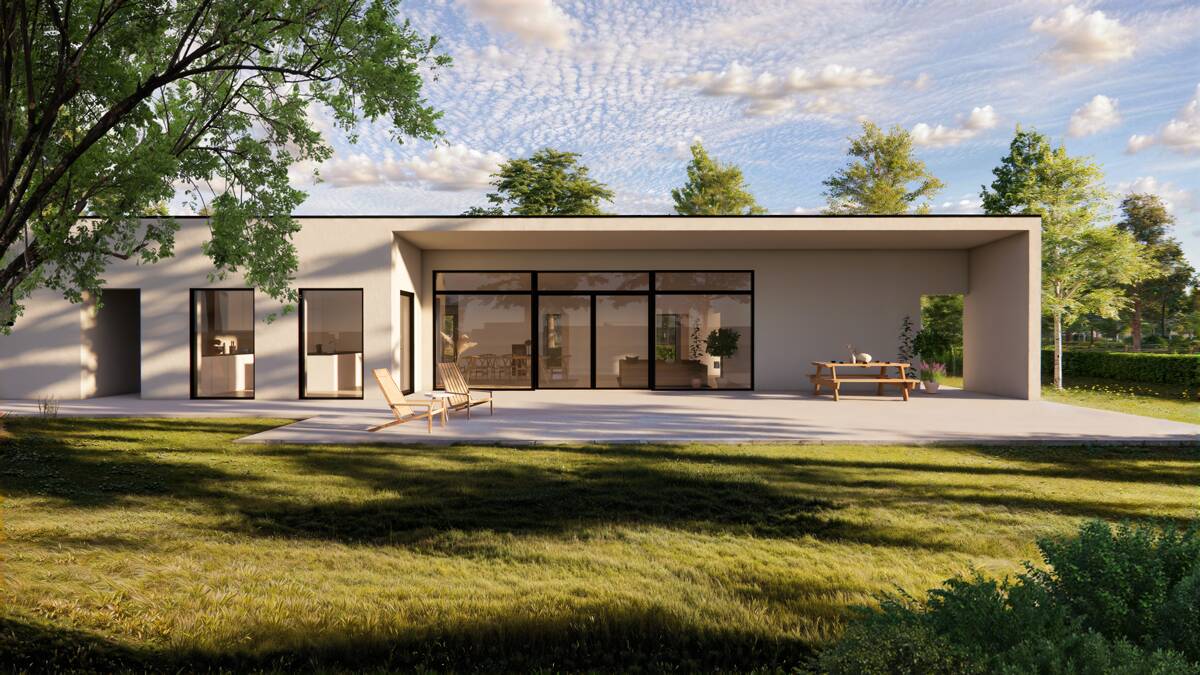 Arkitektritat kundunikt hus 1-plan som hetter Villa Aspect. Stenhus från AChoice.