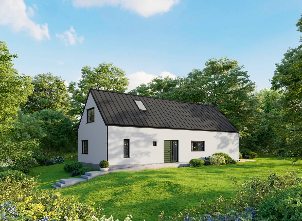 Kundunikt arkitektritat stenhus från AChoice. Vit puts, svart plåttak. Bild visar entre-sidan.